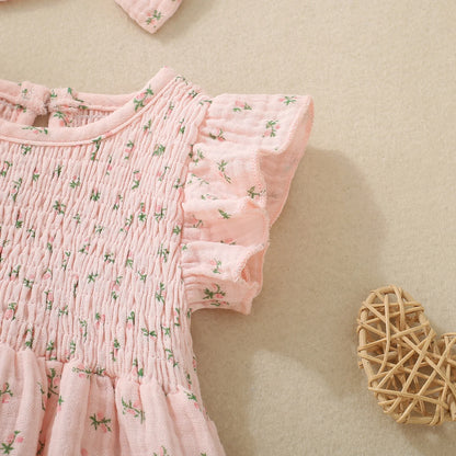 Summer female infant pink short-sleeved flower and plant print triangular Romper and bow headscarf two-piece set