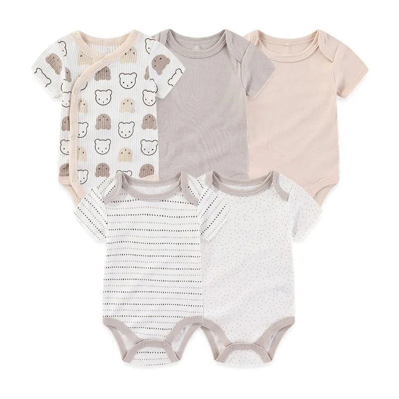 Unisex Bodysuits 4/5PCS Cotton Newborn Baby Girl Clothes Set Short Sleeve Print Baby Boy Clothes Summer Solid Color