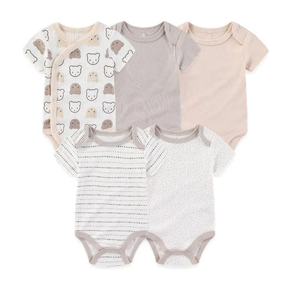 Unisex Bodysuits 4/5PCS Cotton Newborn Baby Girl Clothes Set Short Sleeve Print Baby Boy Clothes Summer Solid Color