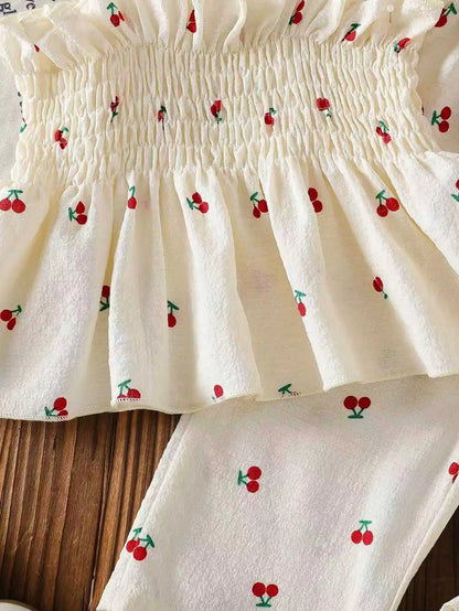 Summer baby girl white cherry print camisole top paired with matching pants in two pieces