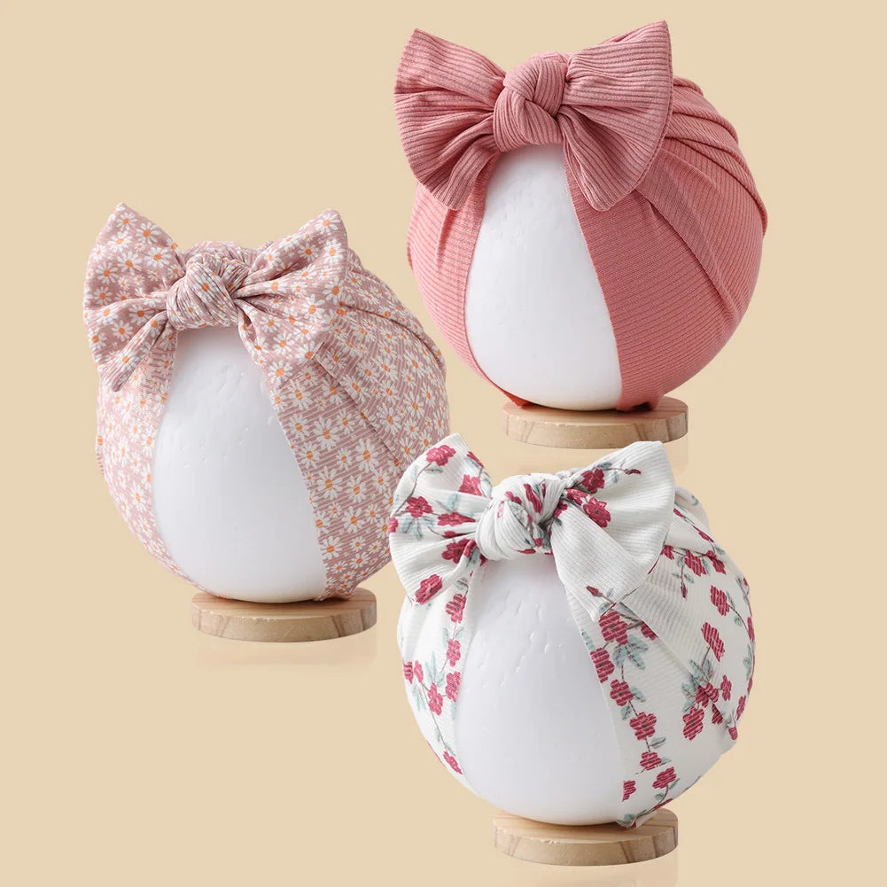 3Pcs/ Baby Girls Flower Print Bow Headwrap