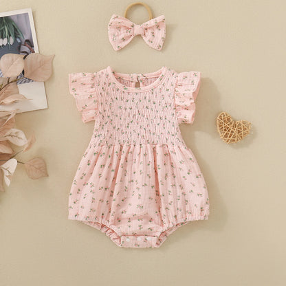 Summer female infant pink short-sleeved flower and plant print triangular Romper and bow headscarf two-piece set