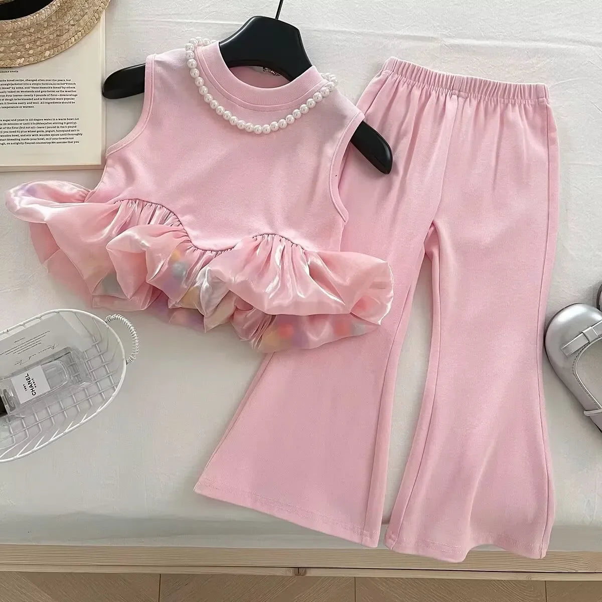 2Pcs Set Rose Mesh Stitched Sleeved Top + Bell-bottom Pants