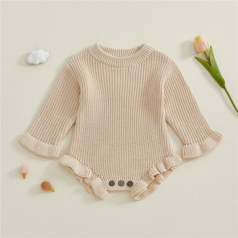 Baby Clothes Newborn Baby Rompers Cotton Knit Baby Girl Romper Long Sleeve Ruffle Trim Infant Baby Boys Jumpsuit Overalls
