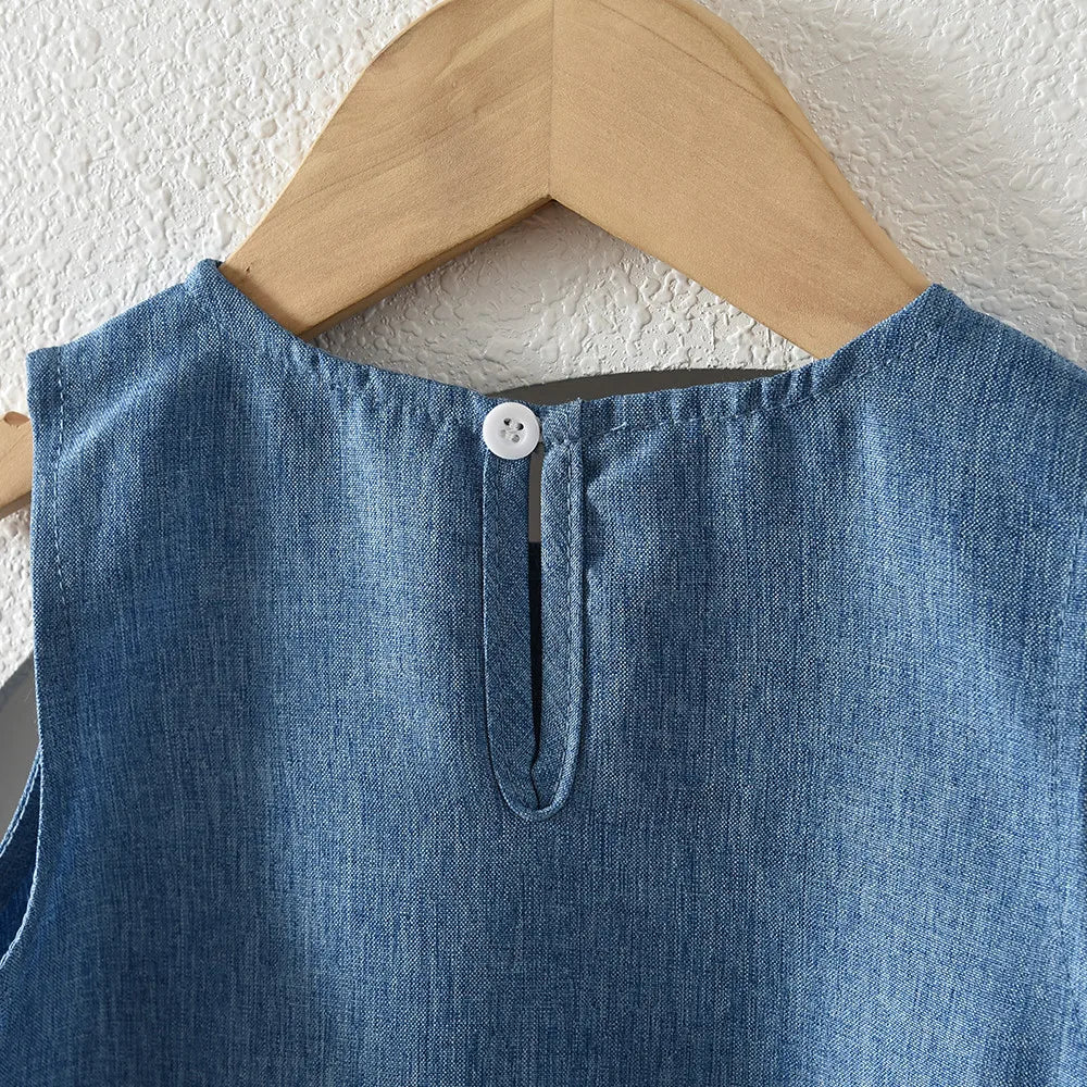 Blue Summer New Casual Girls' Clothes Round Neck Sleeveless Bow Lace Vest Princess Dress