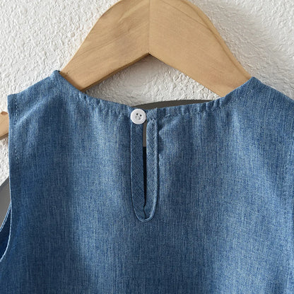 Blue Summer New Casual Girls' Clothes Round Neck Sleeveless Bow Lace Vest Princess Dress