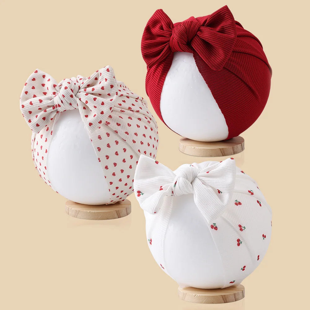 3Pcs/Lot Baby Boys Girls Flower Print Baby India Turban Hats Sweet Hair Bows Topknotted Caps Beanies Ins Bear Heart Headwraps