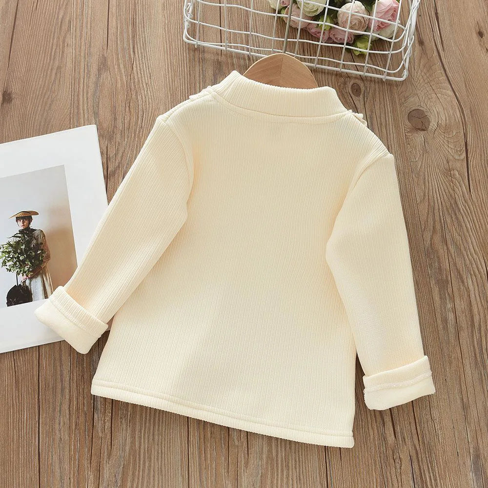 Autumn Winter Warm Girls' Top with 3D Flower Decoration and Lace Round Neck T-shirt