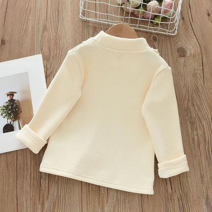 Autumn Winter Warm Girls' Top with 3D Flower Decoration and Lace Round Neck T-shirt