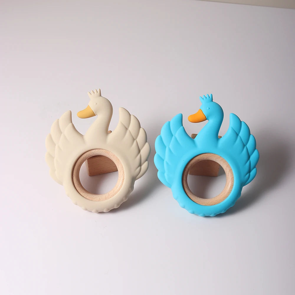 New Swan Silicone Teether Food Grade Wooden Ring Baby Teething Toy