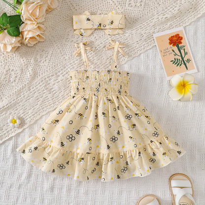 Summer Dress Cute Little bee Ruffled Suspender Dress and Headband 2-piece Set