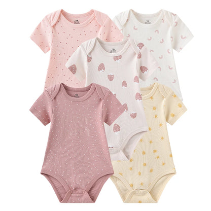 Unisex Bodysuits 4/5PCS Cotton Newborn Baby Girl Clothes Set Short Sleeve Print Baby Boy Clothes Summer Solid Color
