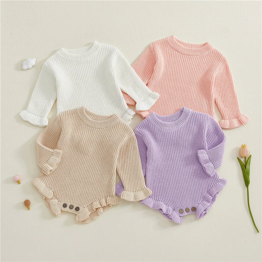 Baby Clothes Newborn Baby Rompers Cotton Knit Baby Girl Romper Long Sleeve Ruffle Trim Infant Baby Boys Jumpsuit Overalls