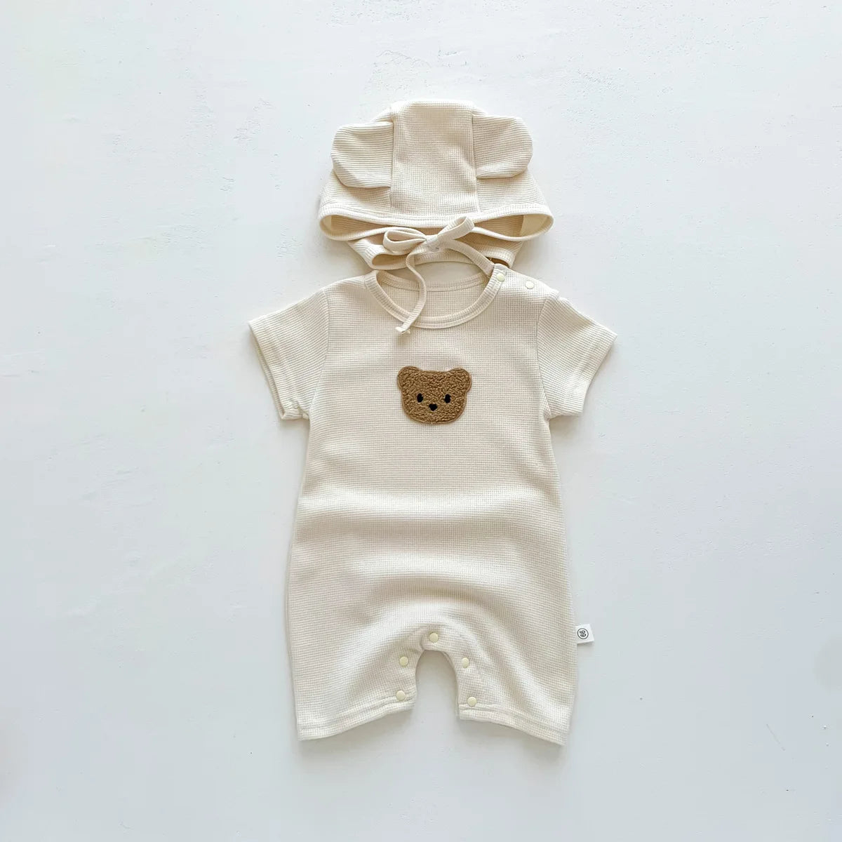 Short Sleeve Waffle Patch Bear Infant Newborn Jumpsuits Cotton Romper Hat with Ears