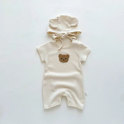 Short Sleeve Waffle Patch Bear Infant Newborn Jumpsuits Cotton Romper Hat with Ears