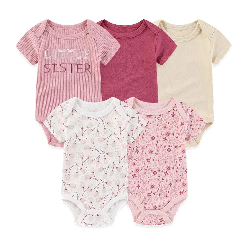Unisex Bodysuits 4/5PCS Cotton Newborn Baby Girl Clothes Set Short Sleeve Print Baby Boy Clothes Summer Solid Color