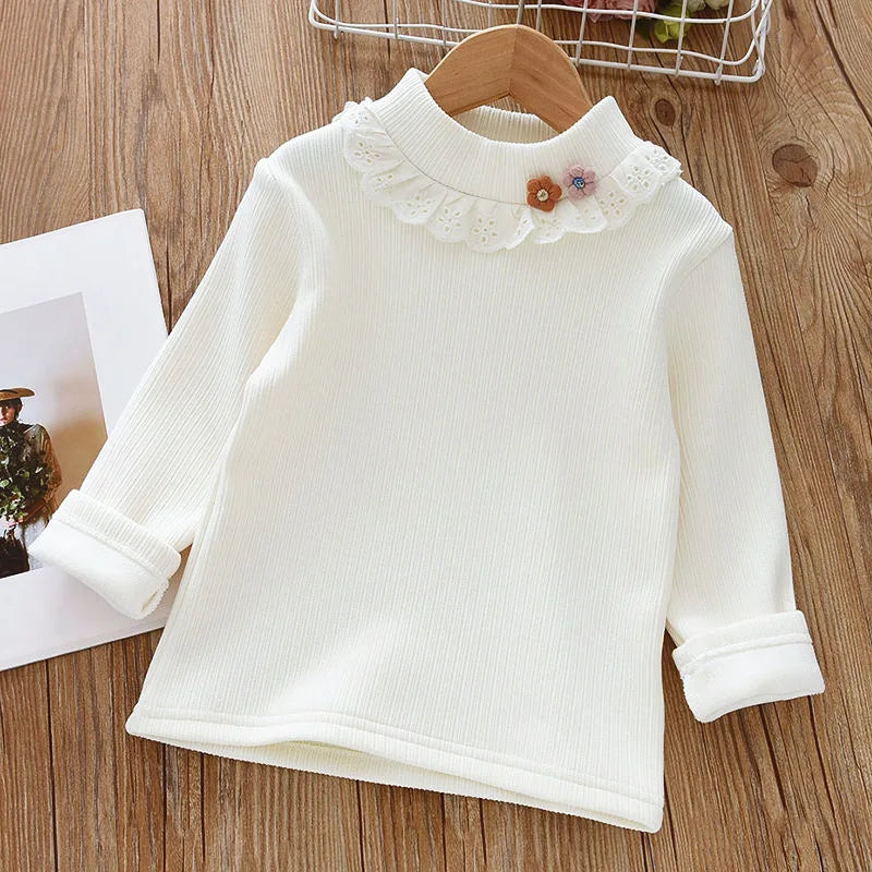 Autumn Winter Warm Girls' Top with 3D Flower Decoration and Lace Round Neck T-shirt