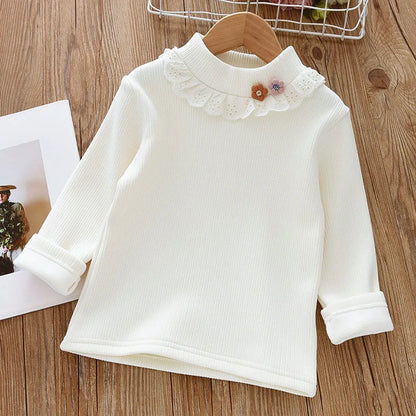 Autumn Winter Warm Girls' Top with 3D Flower Decoration and Lace Round Neck T-shirt