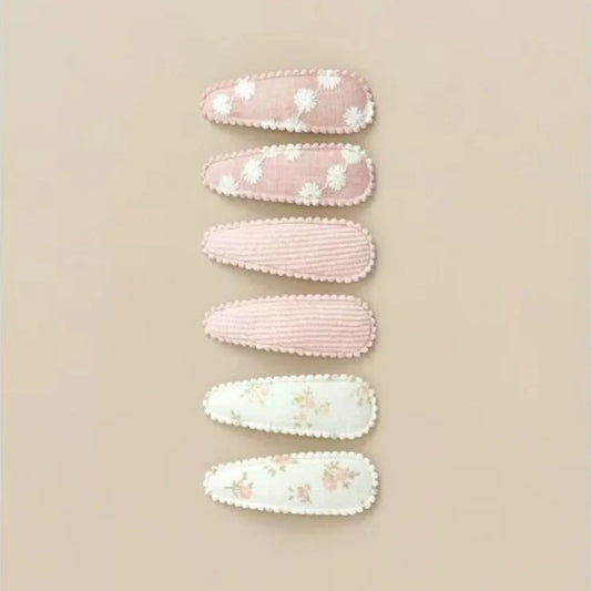 6 Pcs/Set Lovely 2inch Baby Hair Clips Handmade Lace Embroidery Snap Clips Cotton Plaid Floral Print Hairpins for Baby Girl