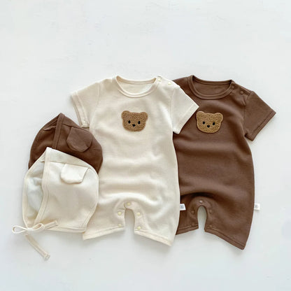 Short Sleeve Waffle Patch Bear Infant Newborn Jumpsuits Cotton Romper Hat with Ears