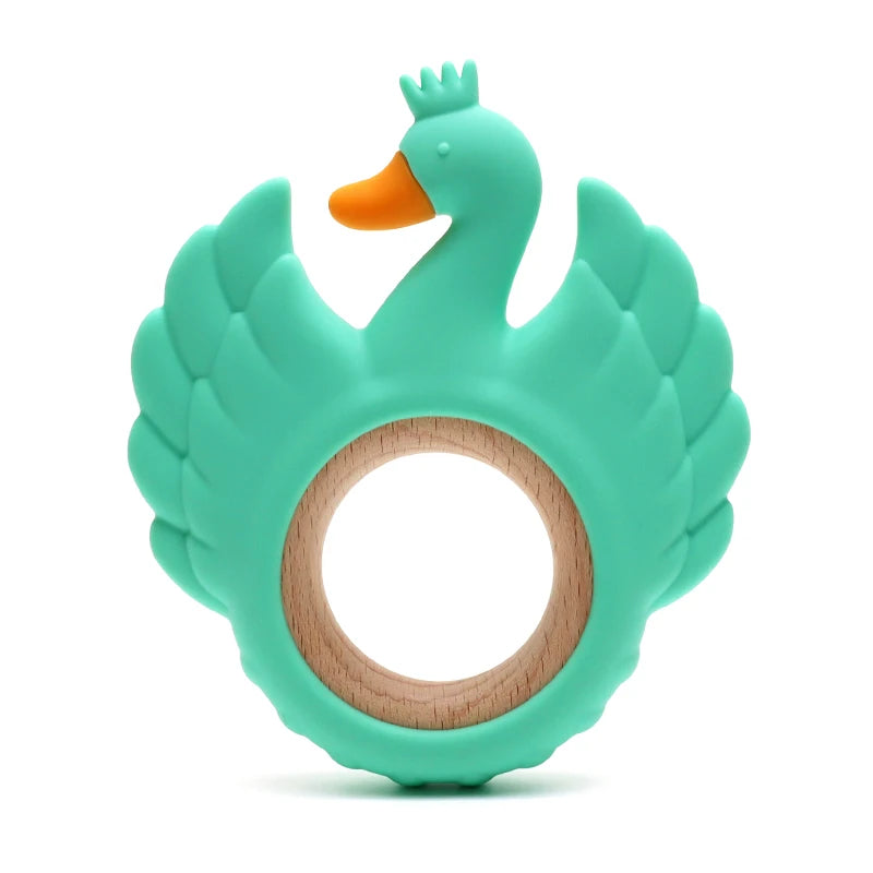 New Swan Silicone Teether Food Grade Wooden Ring Baby Teething Toy