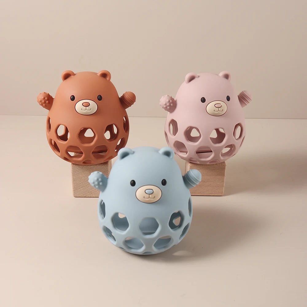 Hollow Bear Silicone Teething Toy Infant Chewable Rattle for Soothing Gums, BPA-Free