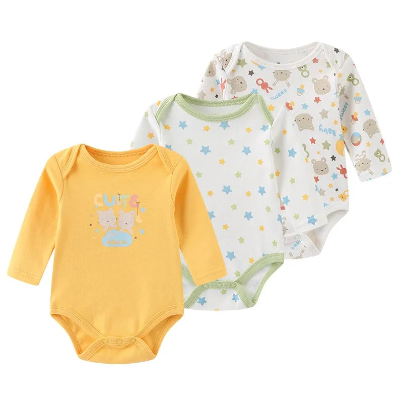 100%Cotton 3Pieces Baby Boy Clothes Newborn Long Sleeve Bodysuit Baby Girls Clothes 0-12M Autumn Print Jumpsuits Spring Cartoon