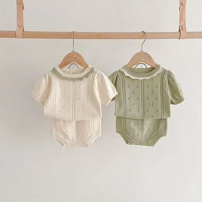 Baby Clothes Hollow-out Knitted Short-sleeved Shirt and Shorts Set Summer New Infant Girls Suits Fashionable Set for Baby Girls