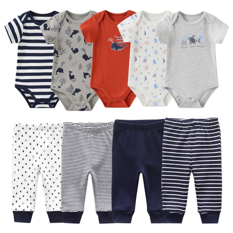 Unisex 6/9/10Pieces Cotton New Born Bodysuits+Pants Baby Girl Clothes Sets Cartoon Print Short Sleeve Baby Boy Clothes Bebes