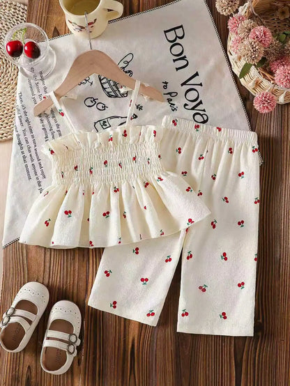 Summer baby girl white cherry print camisole top paired with matching pants in two pieces