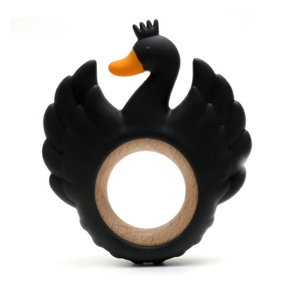 New Swan Silicone Teether Food Grade Wooden Ring Baby Teething Toy