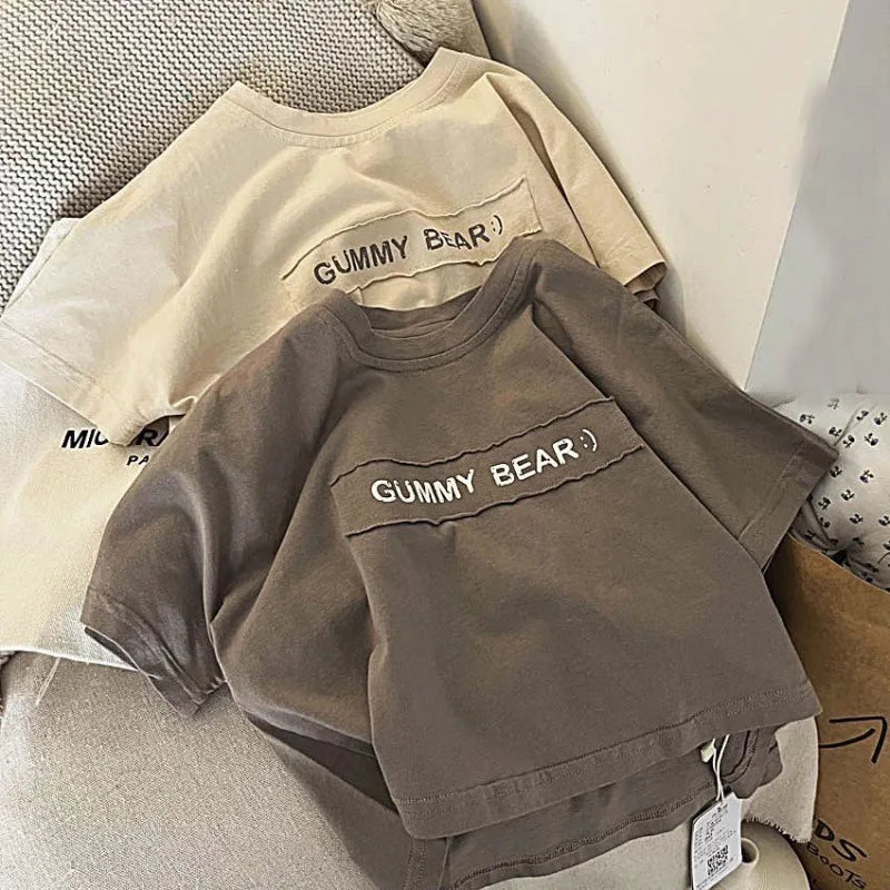 Boys Kids Cotton T-shirt Short Sleeve Cute Letters Fashion O-neck Pullover Baby Children Tops Sweatshirt 1-7T