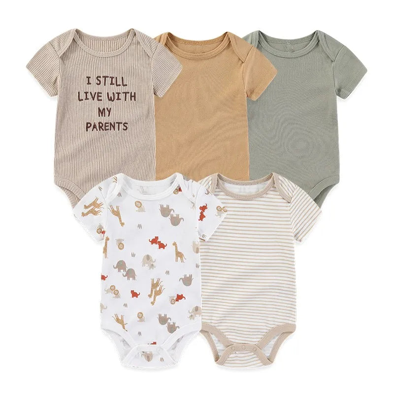 Unisex Bodysuits 4/5PCS Cotton Newborn Baby Girl Clothes Set Short Sleeve Print Baby Boy Clothes Summer Solid Color