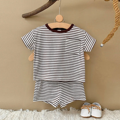 Summer Baby New Set Blue White Stripes Simple Comfortable Short Sleeves+Loose Sports Beach Shorts Boys Girls Clothing