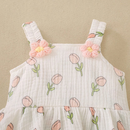 Summer female infant white strap tulip print sleeveless Romper, sweet and cute