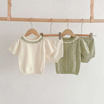 Baby Clothes Hollow-out Knitted Short-sleeved Shirt and Shorts Set Summer New Infant Girls Suits Fashionable Set for Baby Girls