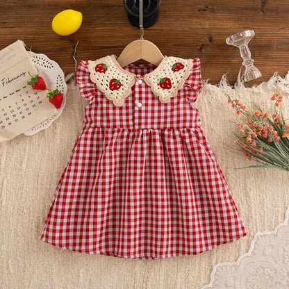 Red Checkered Baby Girl Dress Summer New Cute Strawberry Children'S Clothing (9 Months -4 Years Old)