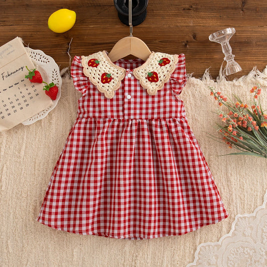 Red Checkered Baby Girl Dress Summer New Cute Strawberry Children'S Clothing (9 Months -4 Years Old)