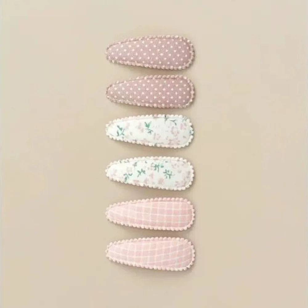 6 Pcs/Set Lovely 2inch Baby Hair Clips Handmade Lace Embroidery Snap Clips Cotton Plaid Floral Print Hairpins for Baby Girl