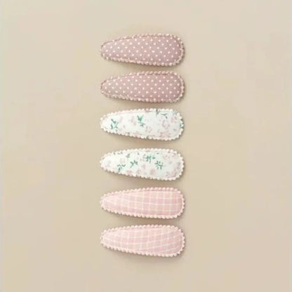 6 Pcs/Set Lovely 2inch Baby Hair Clips Handmade Lace Embroidery Snap Clips Cotton Plaid Floral Print Hairpins for Baby Girl