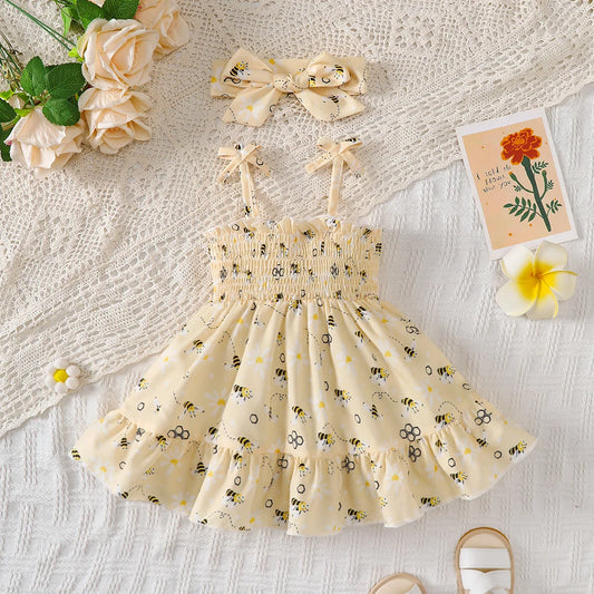 Summer Dress Cute Little bee Ruffled Suspender Dress and Headband 2-piece Set