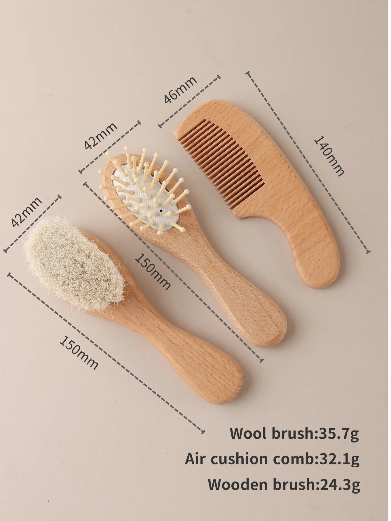 3pcs Set Engraving Elephant Tiger Baby Comb Brush Set Newborn Gift Set Natural Wool Beech Wooden Comb Baby Hair Brush