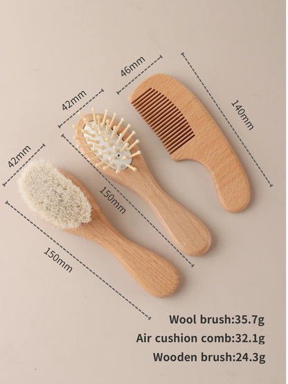 3pcs Set Engraving Elephant Tiger Baby Comb Brush Set Newborn Gift Set Natural Wool Beech Wooden Comb Baby Hair Brush