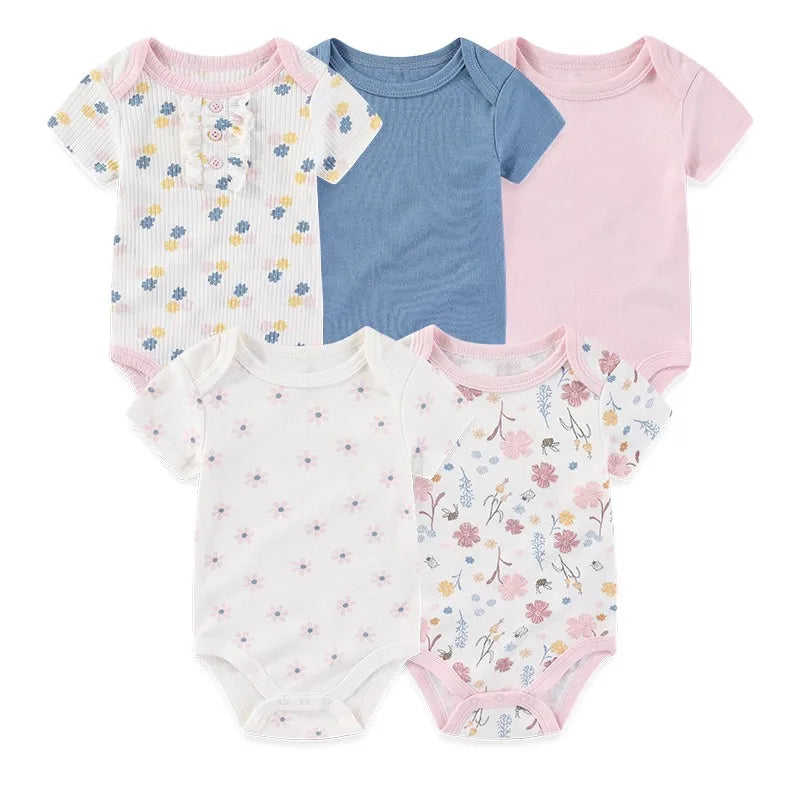 Unisex Bodysuits 4/5PCS Cotton Newborn Baby Girl Clothes Set Short Sleeve Print Baby Boy Clothes Summer Solid Color