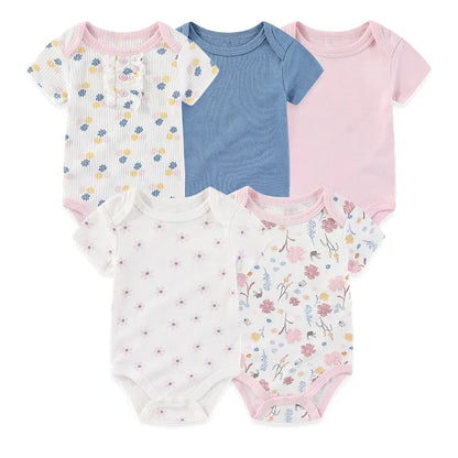 Unisex Bodysuits 4/5PCS Cotton Newborn Baby Girl Clothes Set Short Sleeve Print Baby Boy Clothes Summer Solid Color