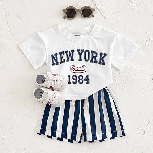 2PCS Infant Outfit Suit 0-3Y Newborn Boys Clothes Sets New Summer T-shirt Baby Clothes Set Letter New York T-shirt Stripe Shorts