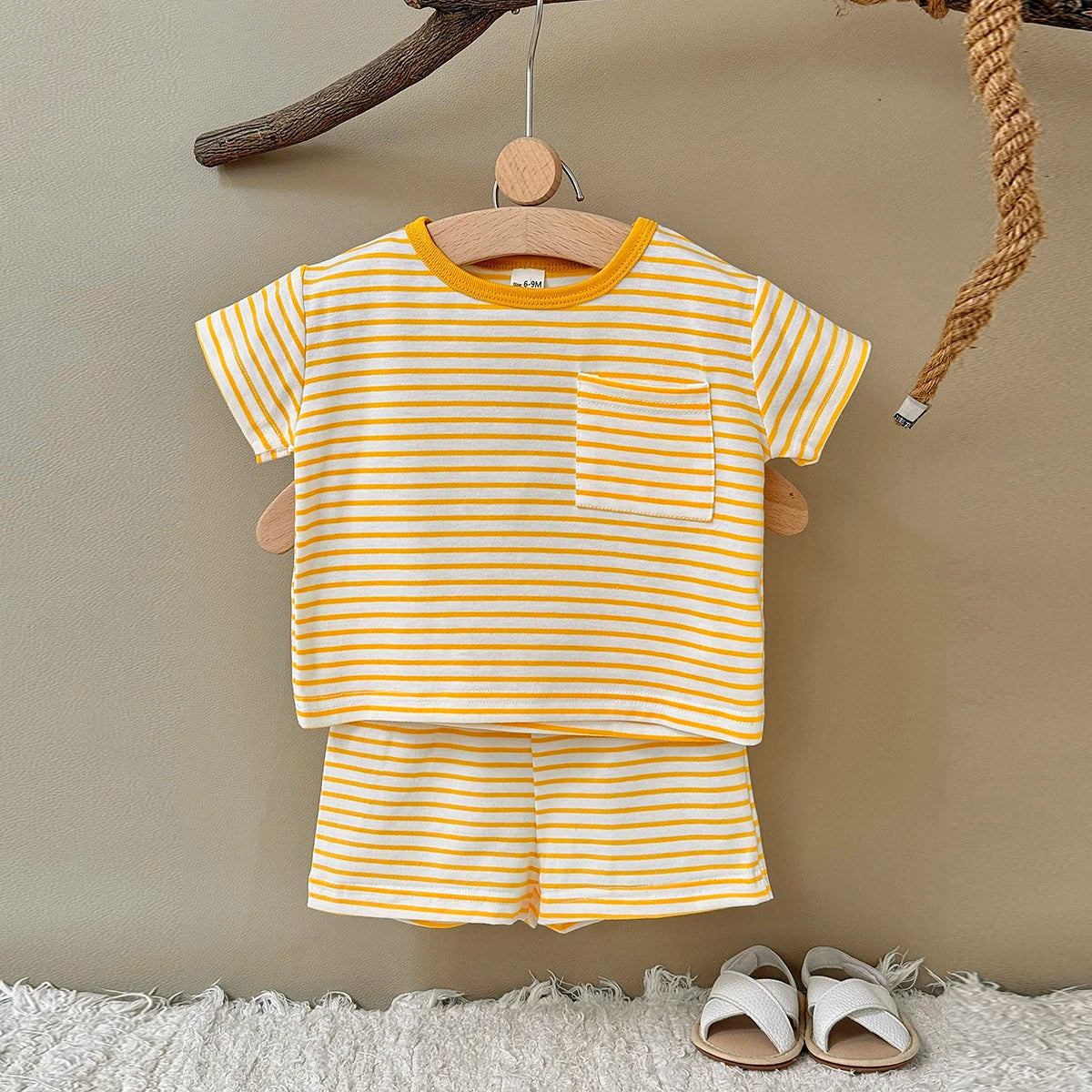 Summer Baby New Set Blue White Stripes Simple Comfortable Short Sleeves+Loose Sports Beach Shorts Boys Girls Clothing