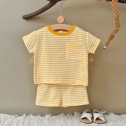 Summer Baby New Set Blue White Stripes Simple Comfortable Short Sleeves+Loose Sports Beach Shorts Boys Girls Clothing