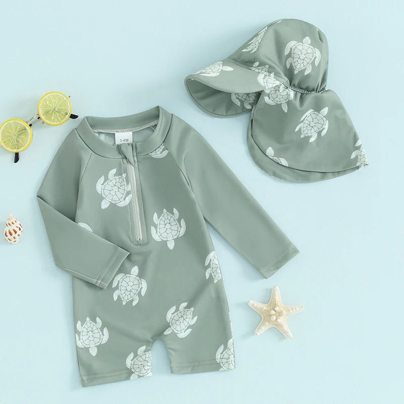 Toddler Boys Rash Guard Swimsuit Long Sleeve Turtle/Dinosaur Print