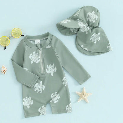 Toddler Boys Rash Guard Swimsuit Long Sleeve Turtle/Dinosaur Print